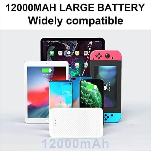 SLuB Power Bank 12000mAh Portable Charger, 3A USB C Fast Charge, Ultra Light and Thin Battery Pack, Mobile Phone Portable Charger, Suitable for iPhone, Samsung, Huawei, iPad, Etc