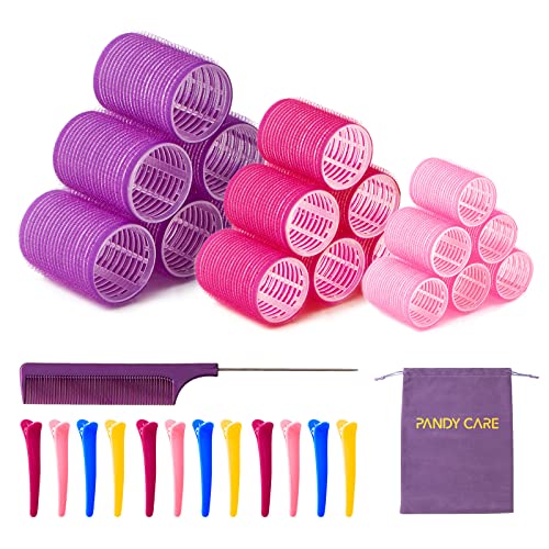 Hair Rollers Set 32 PCS, PandyCare For Long & Short - No Heat, Hair-friendly, Natural Effect, Includes 18 (1.73+1.41+0.98 inch), 12 Clips,1 Rat Tail Comb 1 Storage Bag