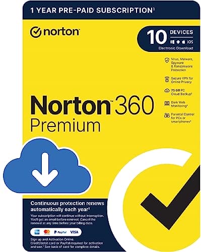 Norton 360 Premium 2024, Antivirus software for 10 Devices and 1-year subscription with automatic renewal, Includes Secure VPN and Password Manager, PC/Mac/iOS/Android, Activation Code by email