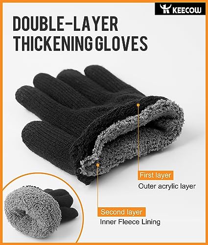 KEECOW Winter Gloves for Mens & Womens,Thermal Warm Knit Touchscreen Gloves with Fleece Lining for Running Ski Outdoor（Black）