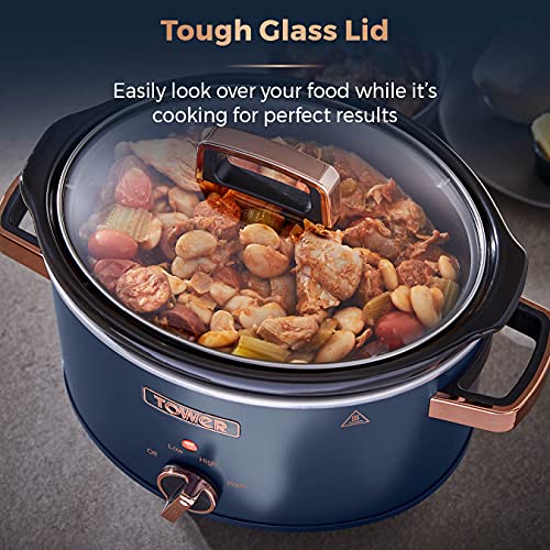 Tower T16042MNB Cavaletto 3.5 Litre Slow Cooker with 3 Heat Settings, Removable pot and Cool Touch Handles, Midnight Blue and Rose Gold