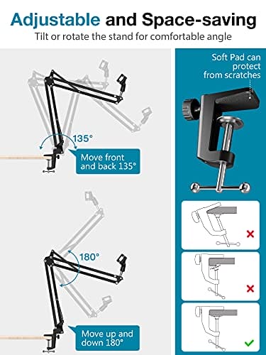 InnoGear Microphone Stand Mic Arm Suspension Boom Scissor Arm Stand with 3/8" to 5/8" Screw Adapter Shock Mount Windscreen Pop Filter Mic Clip Holder Cable Ties for HyperX QuadCast, Blue Yeti (Medium)