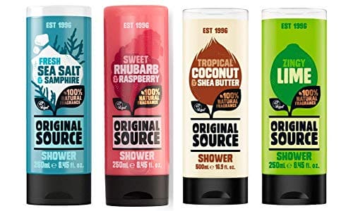 Original Source Shower Gel Set 4 x 250ml NEW Fragrance Fresh Sea Salt & Samphire, Sweet Rhubarb and Raspberry, Zingy Lime and Tropical Coconut & Shea Butter