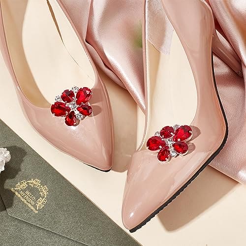 FINGERINSPIRE 2PCS Detachable Crystal Shoe Clips Ruby Rhinestones Shoe Buckles Exquisite Butterfly Shape Shoes Jewelry Decoration for Women Bridal Pumps Heels Flats Clutch Shoes Dress Hats Bags