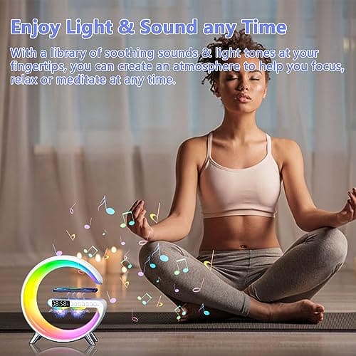 G Lamps with Wireless Charger, 15W Bedside Lamp, RGB Color Changing Mood Light with Alarm Clock, Dimmable, Bluetooth Speaker and App Control, Smart Speaker Lamp for Bedroom