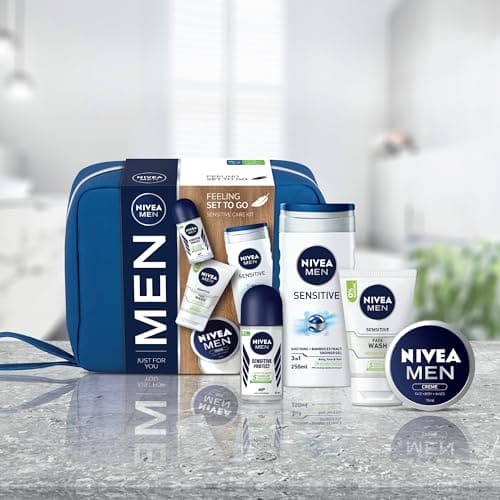 NIVEA MEN Feeling Set To Go Sensitive Care Kit Gift Set, Men's Gift Set Includes Face Wash, Shower Gel, Anti-Perspirant and Moisturiser, Men's Skincare