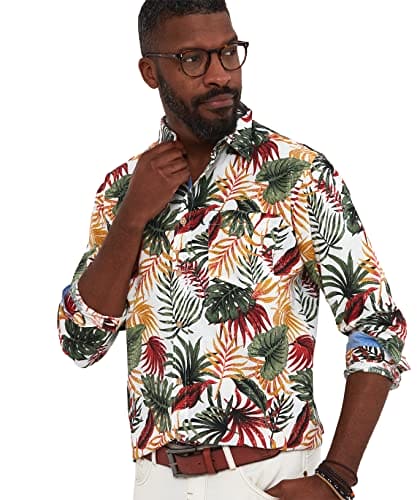 Joe Browns Men's Tropical Leaf Monstera Print Long Sleeve Shirt Button, Multi, M