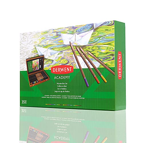 Derwent Academy Wooden Gift Box,Complete 35 Piece Art Set with Colouring Pencils,Pastels & Accessories, Ideal Collection for Drawing, Sketching & Crafts, Premium Hobbyist Quality Kit, 2300147