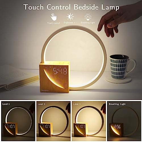 blonbar Bedside Lamp, Touch Lamps Bedside with 10W USB Charging Port, 10 Smoothing Sound Table Lamp with 2 Alarm Clock, 3 Level Brightness, Wake-Up Light LED Night Light for Bedroom, Living Room