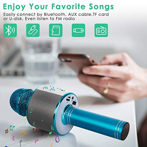 KIDWILL Karaoke Wireless Bluetooth Microphone for Kids, 5-in-1 Portable Handheld Karaoke Mic Speaker Player Recorder with Adjustable Remix FM Radio for Kids Adults Birthday Party KTV Christmas (Blue)