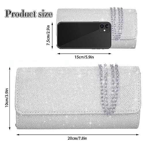 Firtink Women Clutch Bag, Shiny Evening Bags Sliver Clutches Handbags Glitter Purse with Detachable Chain, Envelope Handbag Body Shoulder Bags Wallet for Women Bridal Prom Party Wedding