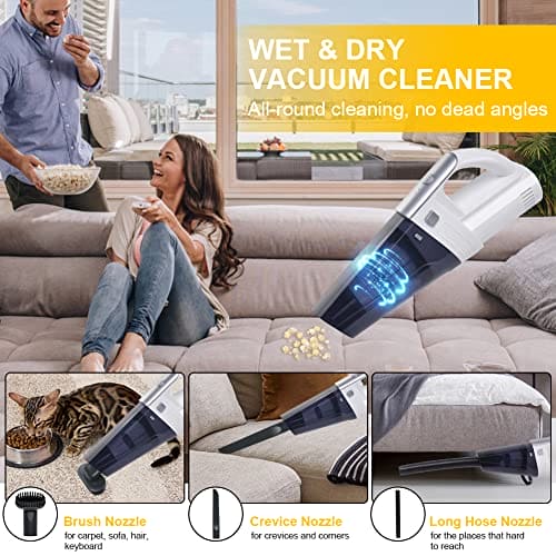 URAQT Handheld Vacuum Cordless, Portable 10000Pa Strong Suction Car Vacuum Cleaner Dust Busters, 2 Speed Wet Dry Vacuum with LED Light, Rechargeable Hand Held Vacuuming for Home, Office, Car (White)