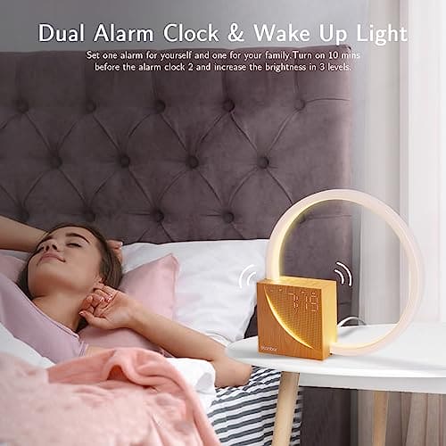 blonbar Bedside Lamp, Touch Lamps Bedside with 10W USB Charging Port, 10 Smoothing Sound Table Lamp with 2 Alarm Clock, 3 Level Brightness, Wake-Up Light LED Night Light for Bedroom, Living Room