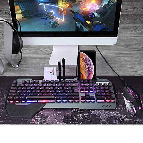 Wired Gaming Keyboard and Mouse Sets RGB LED Backlit Metal Plate 104 Keys Hand rest Usb Gamer Light Up Keyboard 2400DPI Optical 6 Buttons PC Game Mouse + Mousepad Compatible with Laptop Computer