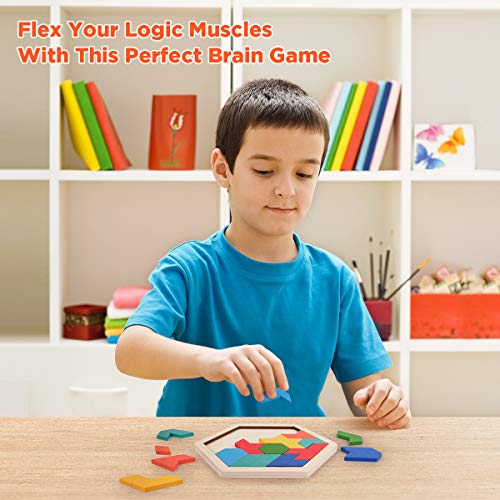 Coogam Wooden Kids Puzzle - Hexagon Shape Pattern Tetris Block Tangram Logic IQ Game STEM Montessori Brain Teaser Toy Gift for Teenagers