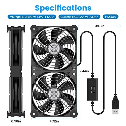 ELUTENG USB Fan 120mm Dual Row 2 in 1 with 3 Adjustable Speed USB PC Computer Fan 5V Quiet Electronics USB Cooling Fan with 8 Shock-Absorbing Feet for Cabinet/Router/PS5/Laptop/TV Box