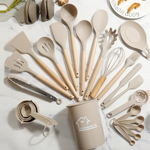 Silicone Kitchen Utensils Set, 28pcs Silicone Kitchen Cooking Utensils Set, Kitchen Tools Spatula Set with Holder for Nonstick Heat Resistant Cookware, Khaki