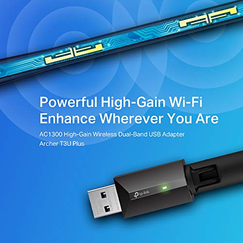 TP-Link AC1300 High Gain USB 3.0 Wi-Fi Dongle, Dual Band MU-MIMO Wi-Fi Adapter with 5dBi Antenna for PC/Desktop/Laptop, Supports Windows 11/10/8.1/8/7 (Archer T3U Plus)