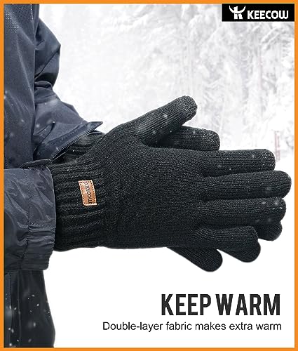 KEECOW Winter Gloves for Mens & Womens,Thermal Warm Knit Touchscreen Gloves with Fleece Lining for Running Ski Outdoor（Black）