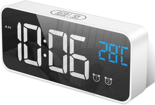 HOMVILLA Digital Alarm Clock with Big LED Temperature Display, Portable Mirror Alarm with Dual Alarm Snooze Time 4 Levels Adjustable Brightness Dimmer 13 Music USB Charging Port for Bedside, Bedroom