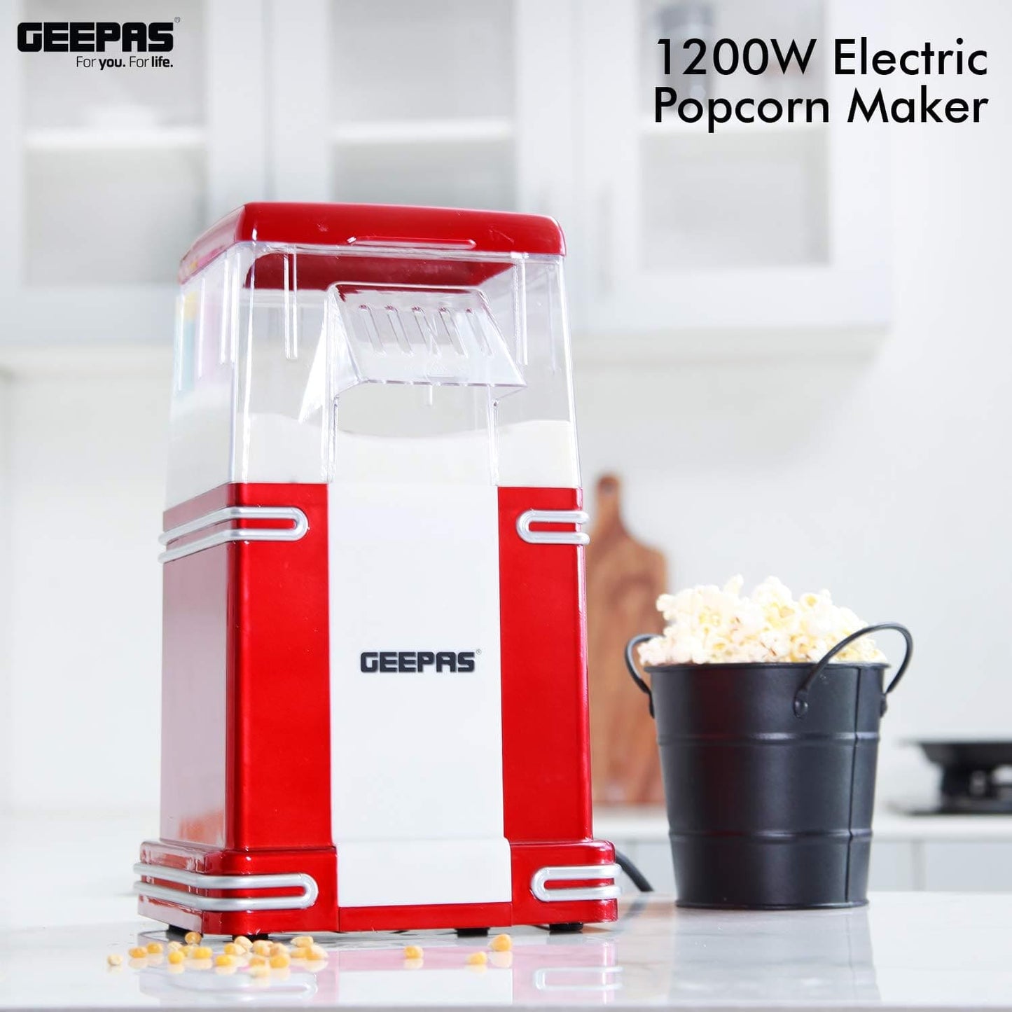 Geepas 1200W Electric Popcorn Maker Machine | Makes Hot, Fresh, Healthy and Fat-Free Theater Style Popcorn Anytime | On/Off Switch, Attractive Design & Oil-Free Popcorn Popper - 2 Years Warranty