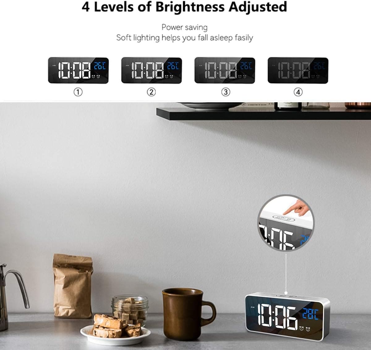 HOMVILLA Digital Alarm Clock with Big LED Temperature Display, Portable Mirror Alarm with Dual Alarm Snooze Time 4 Levels Adjustable Brightness Dimmer 13 Music USB Charging Port for Bedside, Bedroom