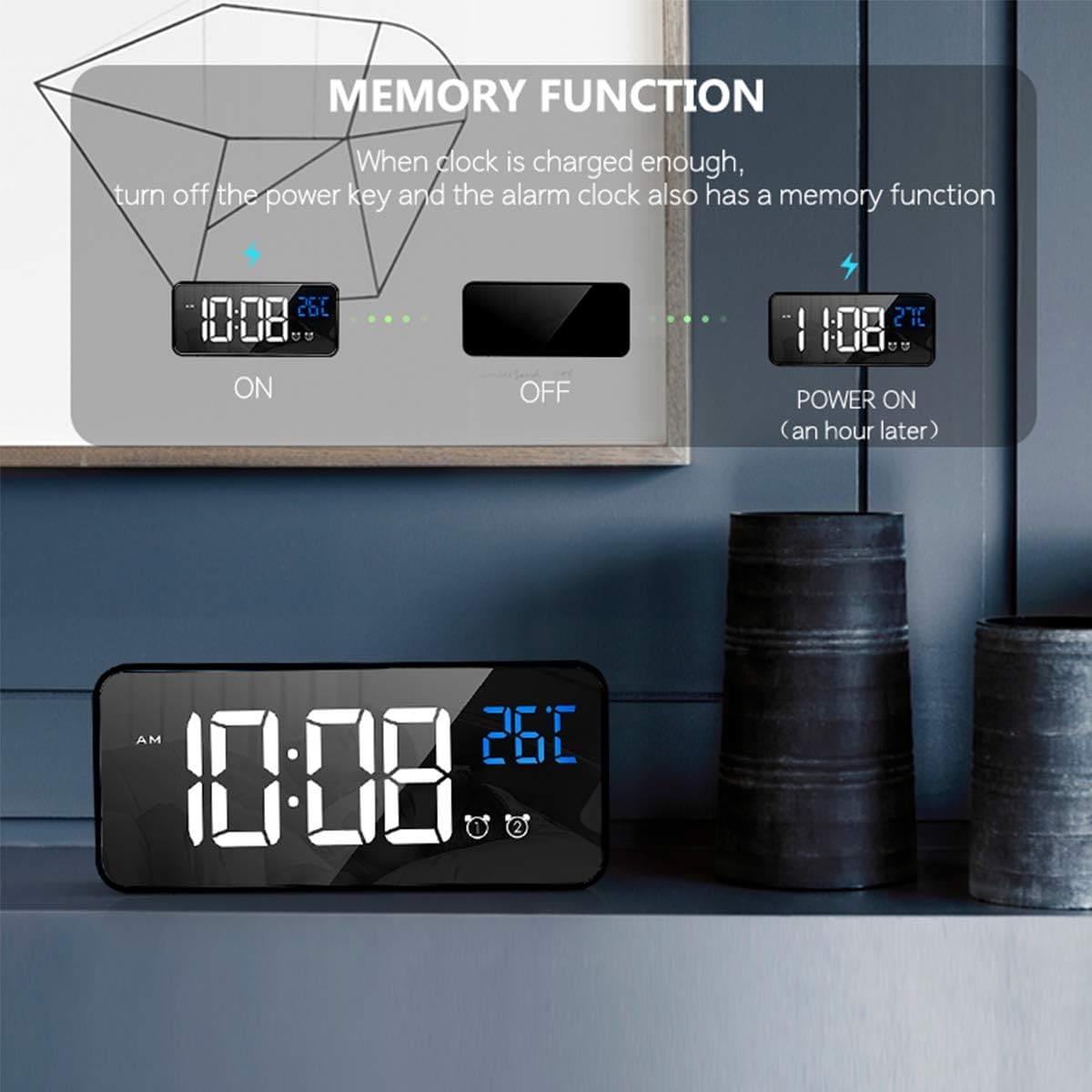 HOMVILLA Digital Alarm Clock with Big LED Temperature Display, Portable Mirror Alarm with Dual Alarm Snooze Time 4 Levels Adjustable Brightness Dimmer 13 Music USB Charging Port for Bedside, Bedroom