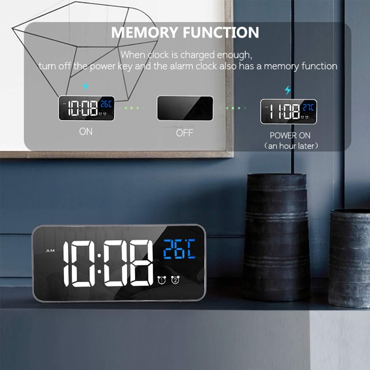 HOMVILLA Digital Alarm Clock with Big LED Temperature Display, Portable Mirror Alarm with Dual Alarm Snooze Time 4 Levels Adjustable Brightness Dimmer 13 Music USB Charging Port for Bedside, Bedroom