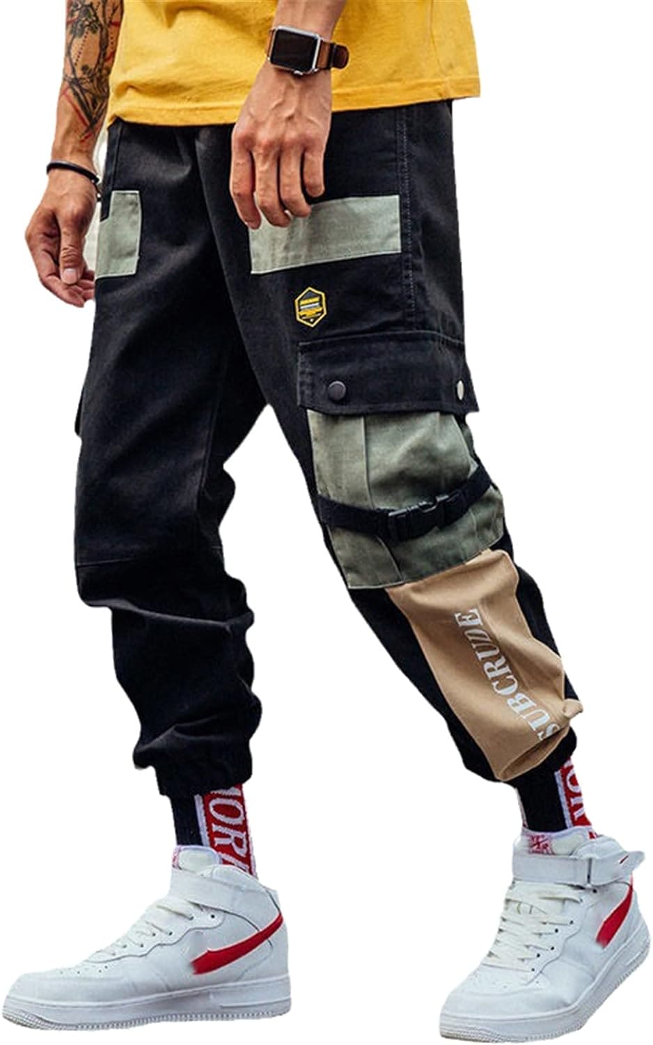 LANG XU GLASS Ribbons Harem Joggers Men Cargo Pants Streetwear Hip Hop Casual Pockets Track Pants Male Trousers