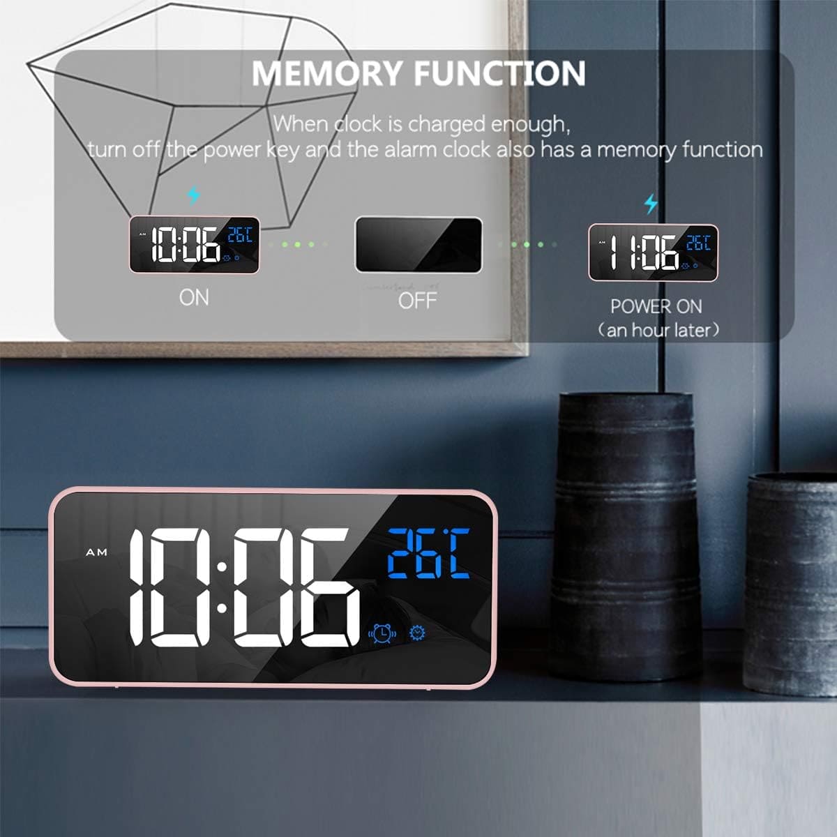 HOMVILLA Digital Alarm Clock with Big LED Temperature Display, Portable Mirror Alarm with Dual Alarm Snooze Time 4 Levels Adjustable Brightness Dimmer 13 Music USB Charging Port for Bedside, Bedroom