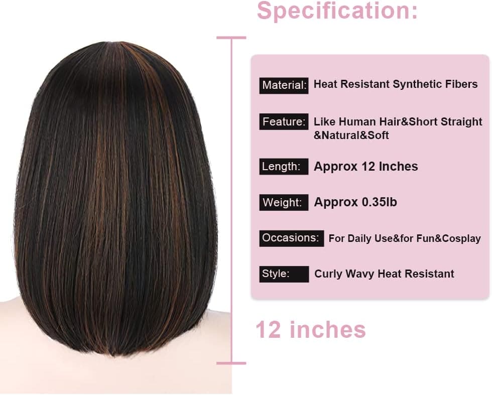 Kalyss Synthetic Bob Wigs for Women Short Dark Brown Bob Wig Natural Looking Straight Ladies Daily Hair Wig with Fringe for Cosplay Halloween Christmas Party