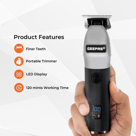 Geepas Hair Clipper – Electric Stubble Beard Trimmer, Hair Clipper – Creates Fine Lines Contours - Cordless Electric Hair Clipper – USB Rechargeable Battery, LED Display – 1.5/3/6/9 mm Guide Comb