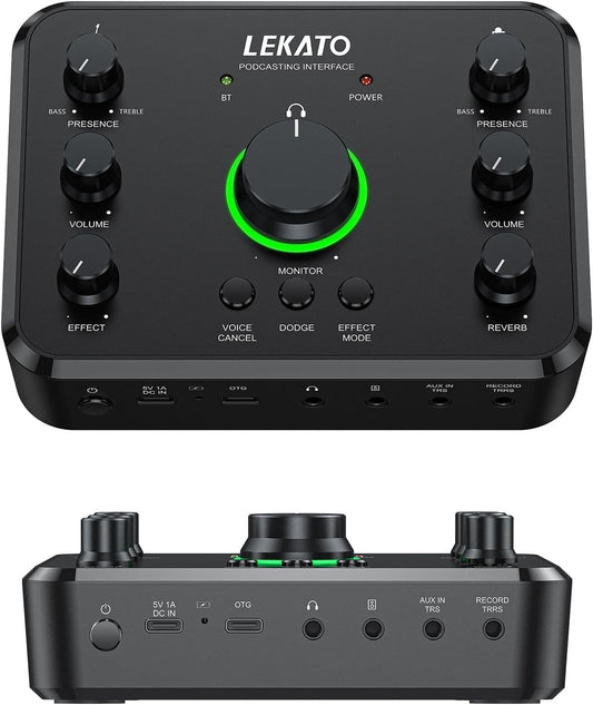 LEKATO USB Audio Interface for Recording Songwriting Streaming and Podcasting, Bluetooth, Studio Quality Recording, Audio Mixer with XLR/OTG/Recording/Monitor/Instrument Ports, Multi-Functional