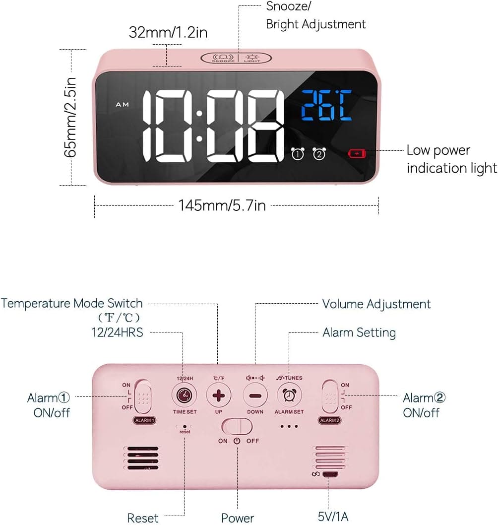 HOMVILLA Digital Alarm Clock with Big LED Temperature Display, Portable Mirror Alarm with Dual Alarm Snooze Time 4 Levels Adjustable Brightness Dimmer 13 Music USB Charging Port for Bedside, Bedroom