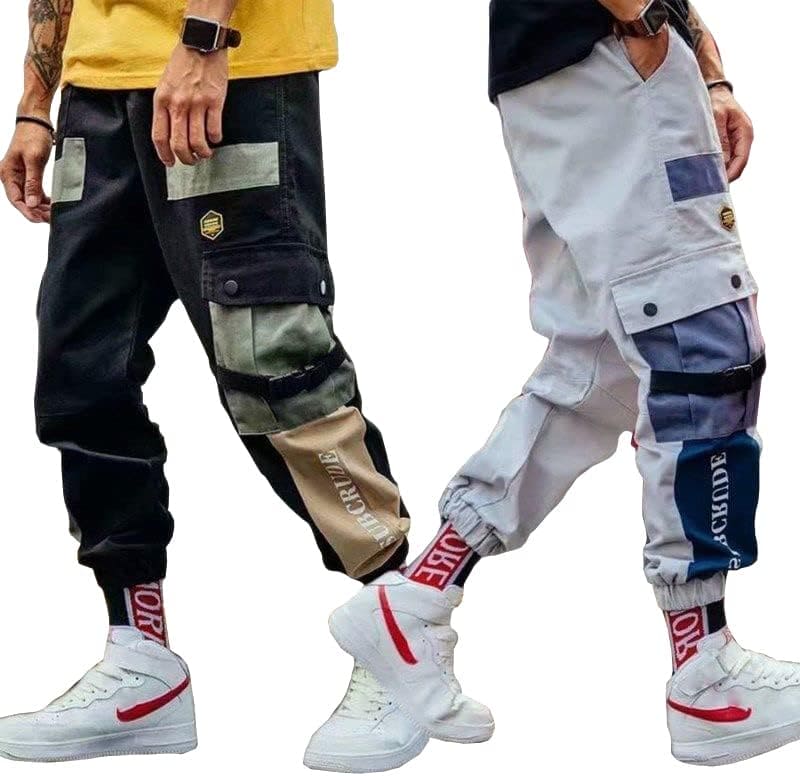 LANG XU GLASS Ribbons Harem Joggers Men Cargo Pants Streetwear Hip Hop Casual Pockets Track Pants Male Trousers