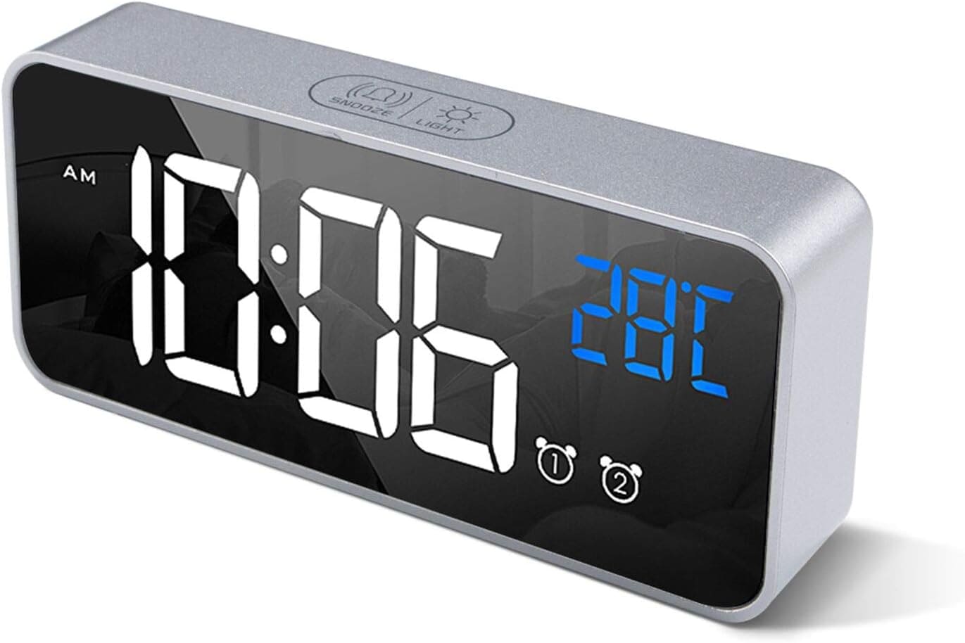 HOMVILLA Digital Alarm Clock with Big LED Temperature Display, Portable Mirror Alarm with Dual Alarm Snooze Time 4 Levels Adjustable Brightness Dimmer 13 Music USB Charging Port for Bedside, Bedroom