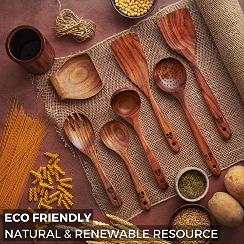 Wooden Cooking Utensils, Kitchen Utensils Set with Holder & Spoon Rest, Teak Wood Spoons and Wooden Spatula for Cooking, Nonstick Natural and Healthy Kitchen Cookware, Durable Set of 13 Pieces