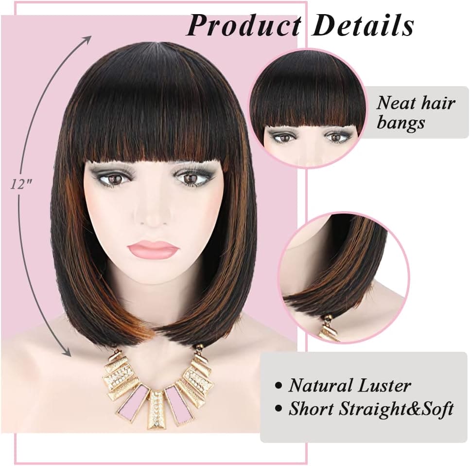 Kalyss Synthetic Bob Wigs for Women Short Dark Brown Bob Wig Natural Looking Straight Ladies Daily Hair Wig with Fringe for Cosplay Halloween Christmas Party