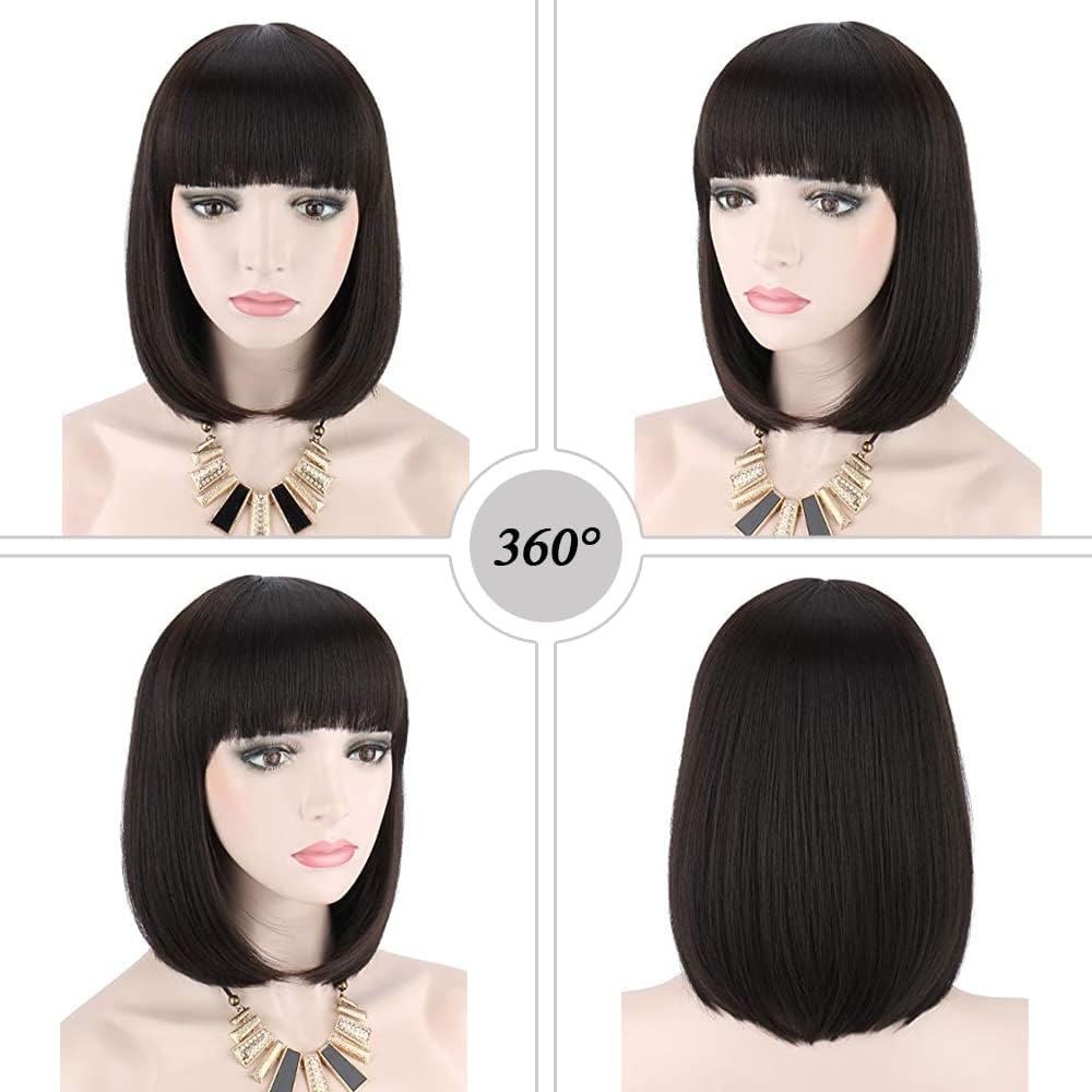 Kalyss Synthetic Bob Wigs for Women Short Dark Brown Bob Wig Natural Looking Straight Ladies Daily Hair Wig with Fringe for Cosplay Halloween Christmas Party