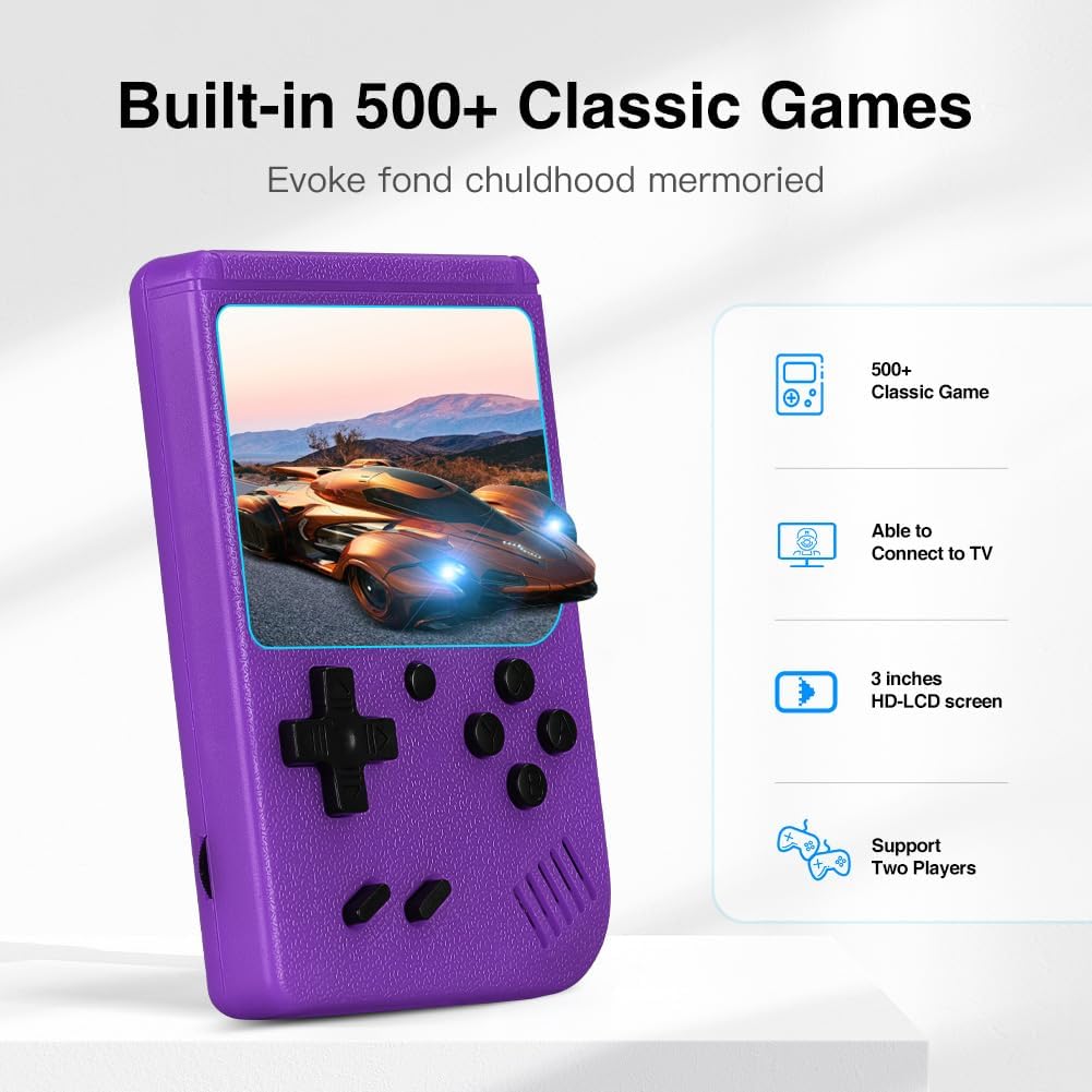 Handheld Game Console, 3.0 Inch Screen, Retro Mini Games Console 500+ Classic FC Games, Support Up to 2 Players & TV Ideal Christmas or Birthday Gift