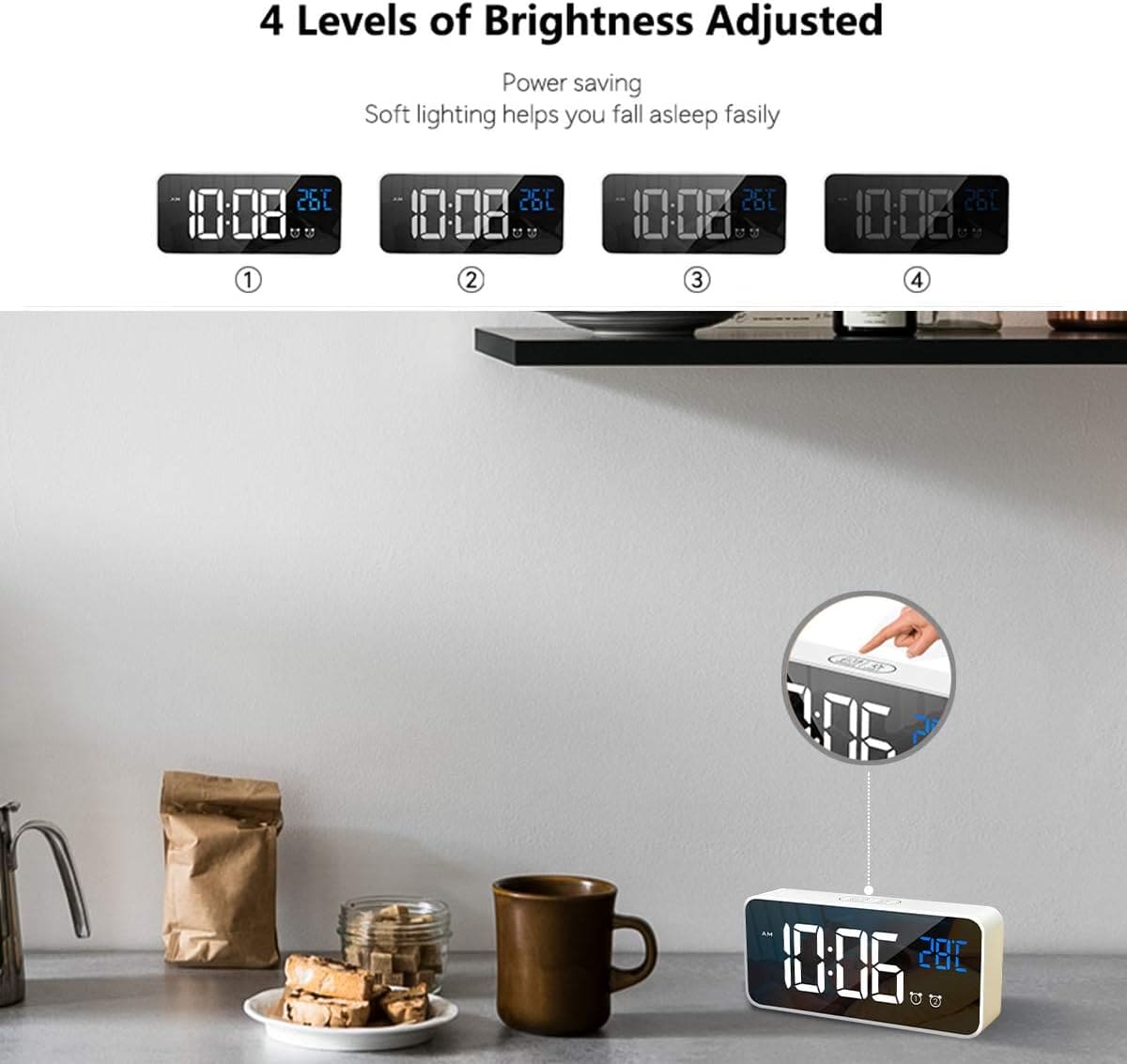 HOMVILLA Digital Alarm Clock with Big LED Temperature Display, Portable Mirror Alarm with Dual Alarm Snooze Time 4 Levels Adjustable Brightness Dimmer 13 Music USB Charging Port for Bedside, Bedroom