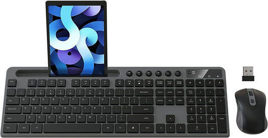 Wireless Keyboard and Mouse Combo, 2.4G Wireless Computer Keyboard with Phone/Pad Tablet Holder, Silent Mouse with 6 Button, Compatible with MacBook, Windows (Grey)