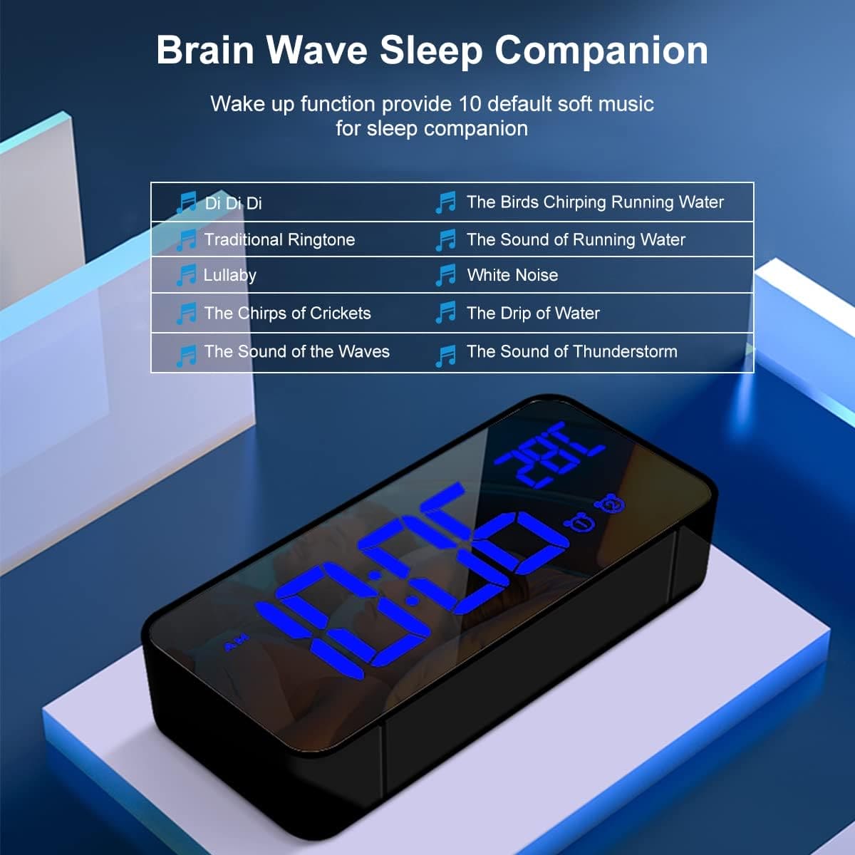 HOMVILLA Digital Alarm Clock with Big LED Temperature Display, Portable Mirror Alarm with Dual Alarm Snooze Time 4 Levels Adjustable Brightness Dimmer 13 Music USB Charging Port for Bedside, Bedroom