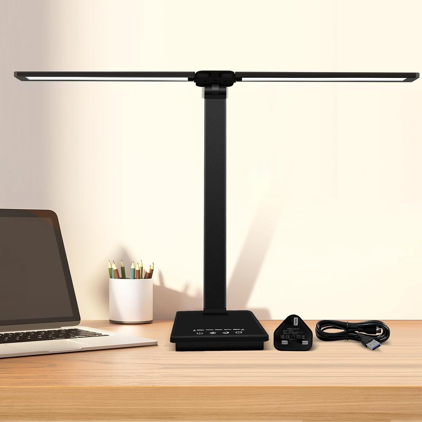 GLITI Desk Lamp Dimmable Table Lamp Foldable Reading Lamp Double Swing Arm Desk Light with USB Charging Port,5 Light Modes, Touch Control, Auto-Off Timer, Eye-Caring Led Desk Lamp for Work (Black)