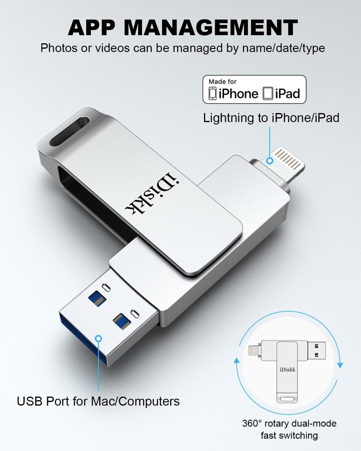 iDiskk 128GB iPhone Photo Stick MFi Certified lightning USB Photostick for iPhone External iPhone memory Drive for Photos iPhone Storage work with iOS iPad Mac and PCs iPhone flash drive