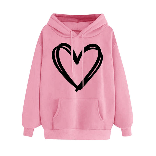 JISDFKFL Hoodies for Women Uk Sale Clearance, Uni-Sex Plain Loose Warm Drop Shoulder Pullover Fall Winter Long Sleeve Heart Pattern Print Drawstring Fleece w Pockets Ladies Tops Pink