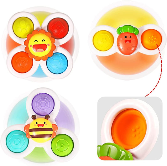 WROLY Suction Cup Spinner Toys, Pack of 3 Spinners for Babies, Baby Spinner Toys with Suction Cup, Silicone Simple Dimple Colourful Suction Spinner Toys, Spinning Tops for Baby Bath Toys (Pop)
