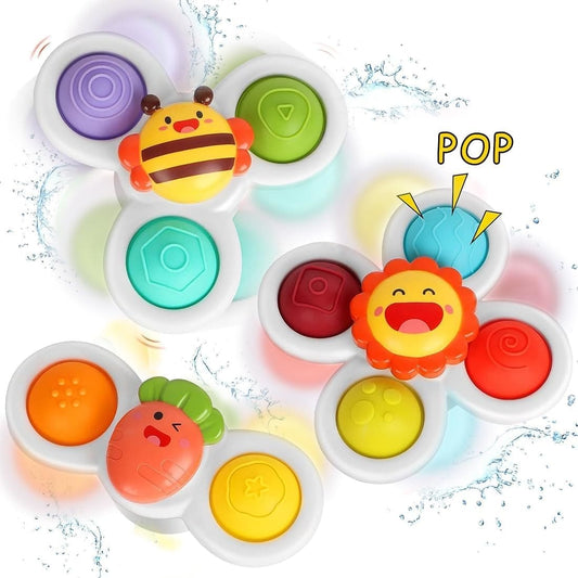 WROLY Suction Cup Spinner Toys, Pack of 3 Spinners for Babies, Baby Spinner Toys with Suction Cup, Silicone Simple Dimple Colourful Suction Spinner Toys, Spinning Tops for Baby Bath Toys (Pop)