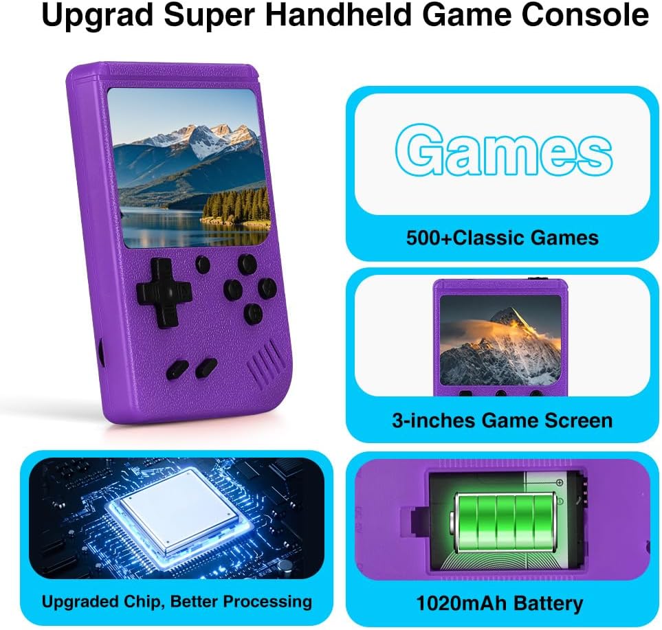 Handheld Game Console, 3.0 Inch Screen, Retro Mini Games Console 500+ Classic FC Games, Support Up to 2 Players & TV Ideal Christmas or Birthday Gift