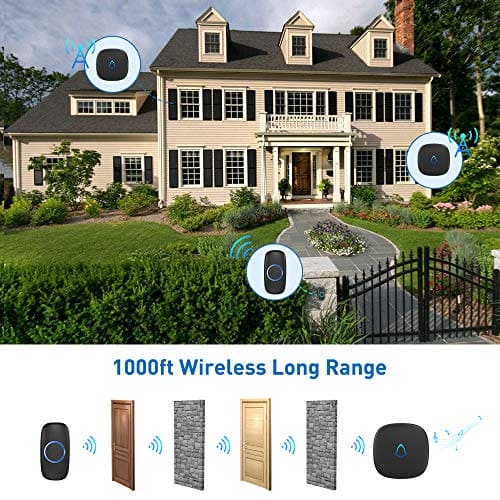 Wireless Doorbell, SECRUI Plug in Waterproof Battery Operated Cordless Doorbell Operating at 1,000 Feet Long Range with 58 Chimes 5 Volume Levels LED Light Easy Install for Home, School, Office,Black